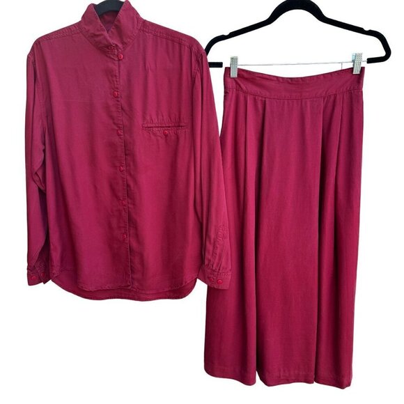 Mixit Dresses & Skirts - Mixit Vintage Womens Burgundy Long Sleeve High Collar Shirt Pleated Skirt Set S